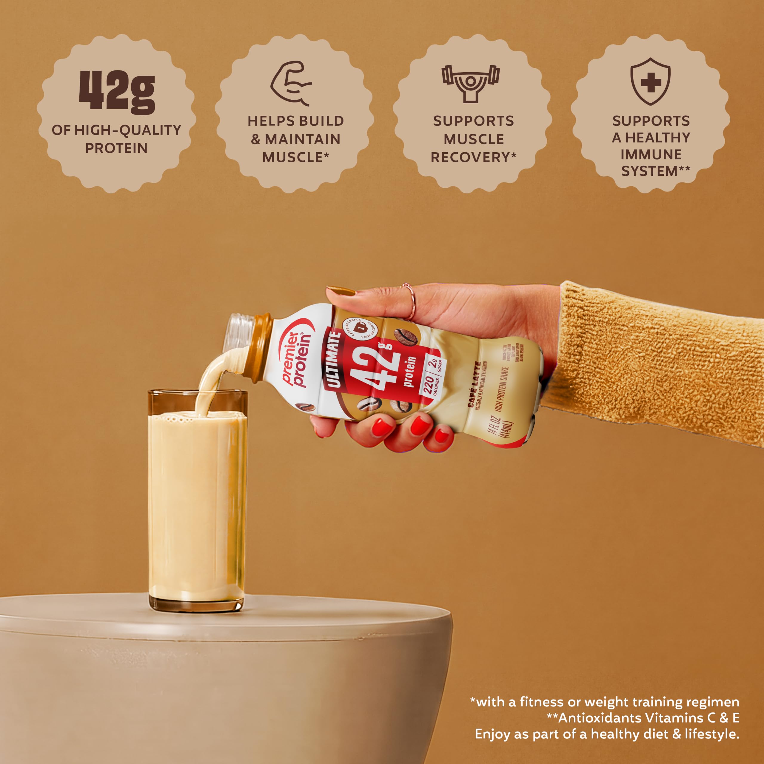 Premier Protein comparación de tamaño para referencia y porción