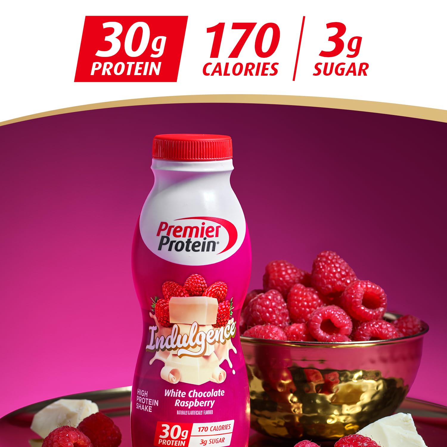 Premier Protein etiqueta con información nutricional y 30 g proteína
