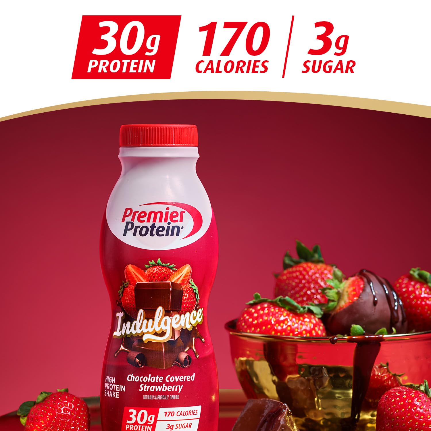 Premier Protein etiqueta nutricional con 30 g de proteína y 3 g de azúcar para transparencia informativa