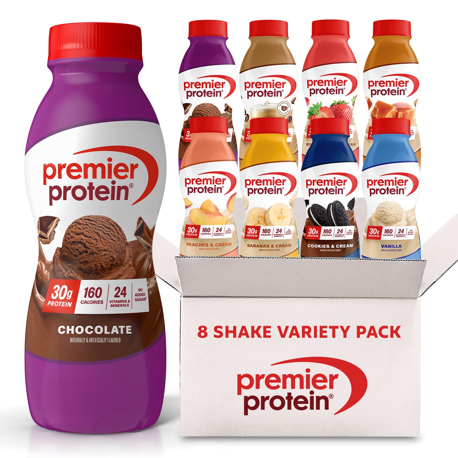 Premier Protein frente del empaque mostrando variedad y conveniencia