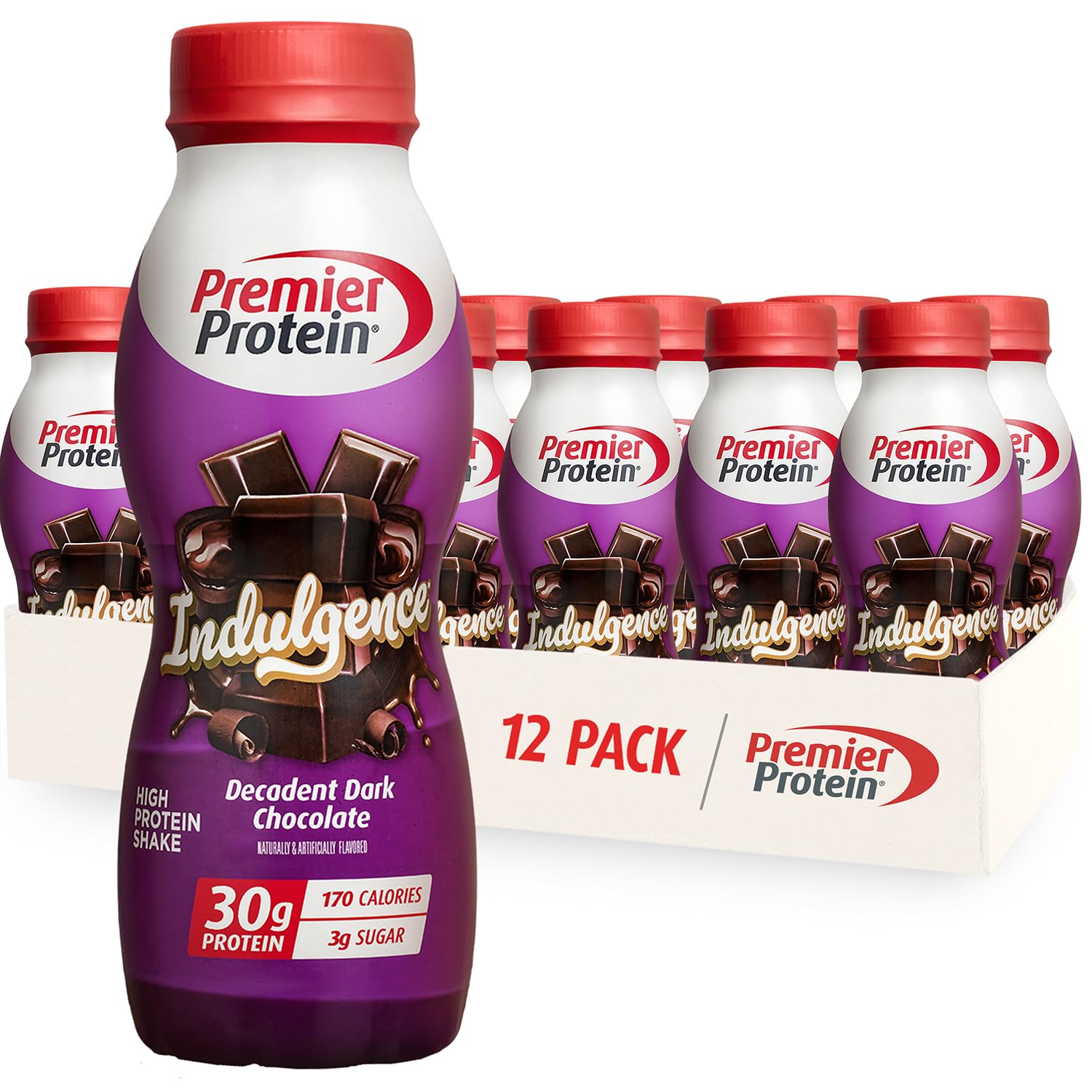 Premier Protein frente del envase mostrando sabor chocolate intenso y conveniencia