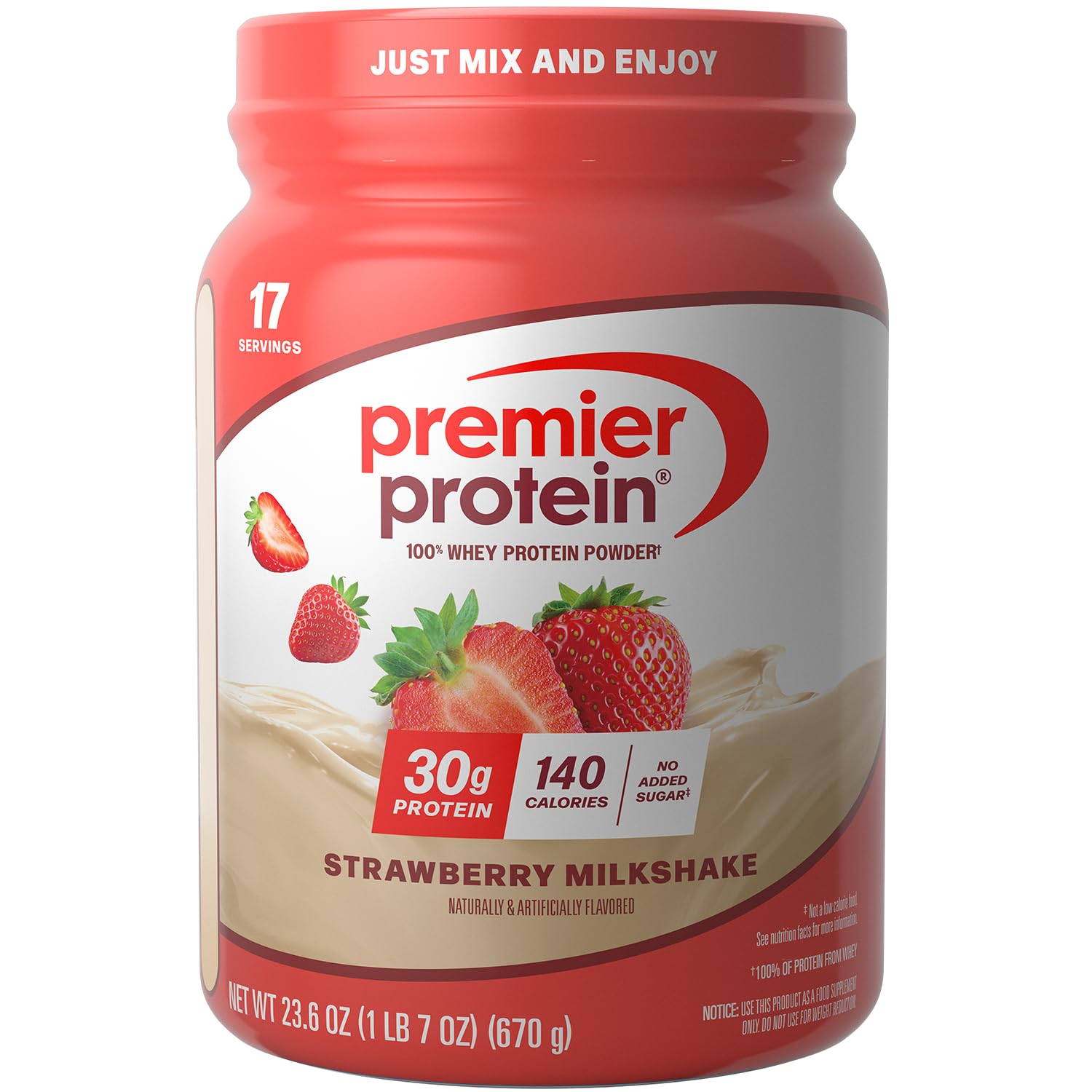Premier Protein envase frontal mostrando 17 porciones y beneficio práctico