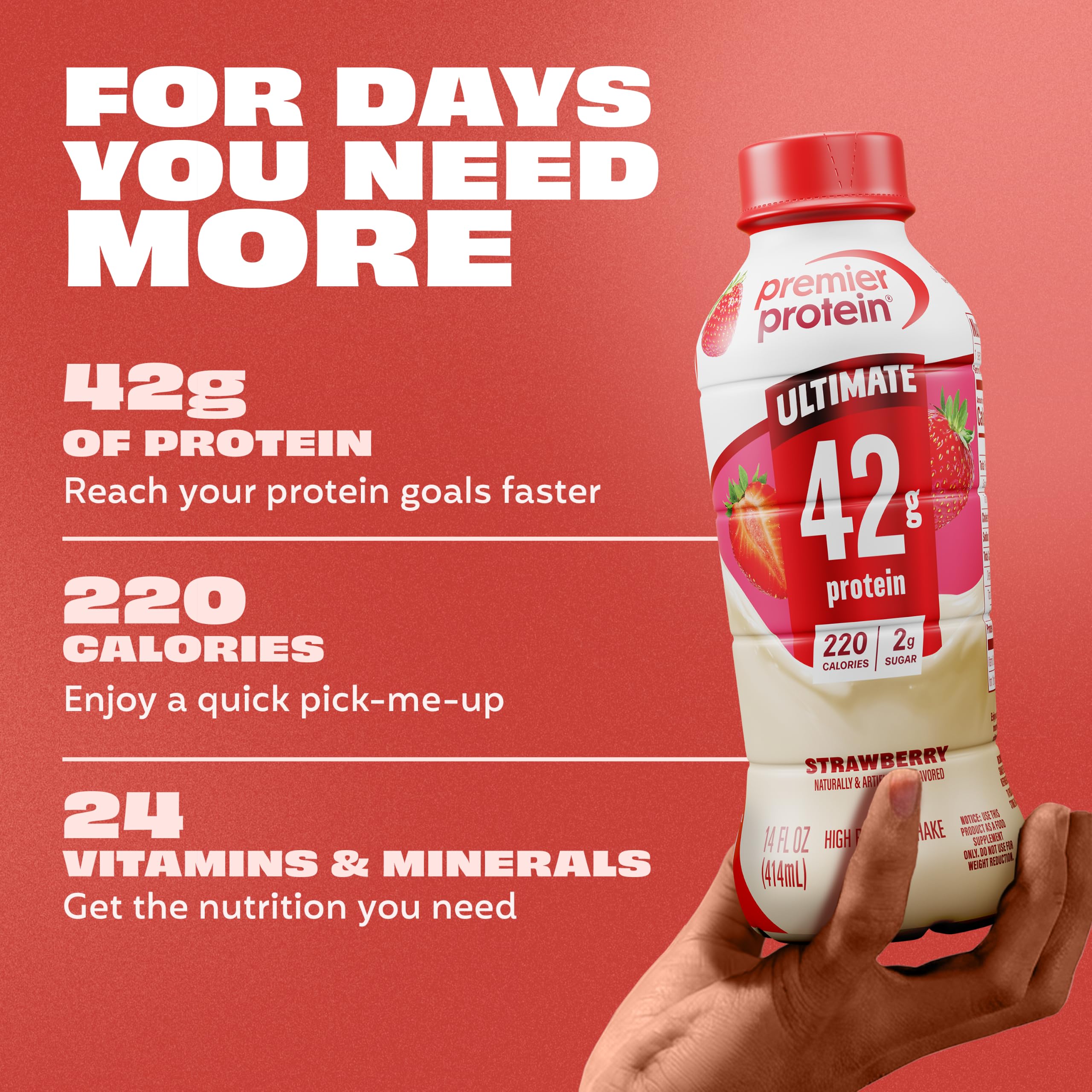 Premier Protein comparación de tamaño con mano para referencia de porción