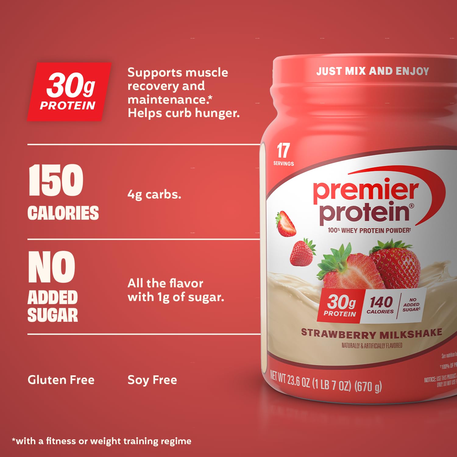 Primer plano del polvo Premier Protein fresa con textura fina y fácil disolución