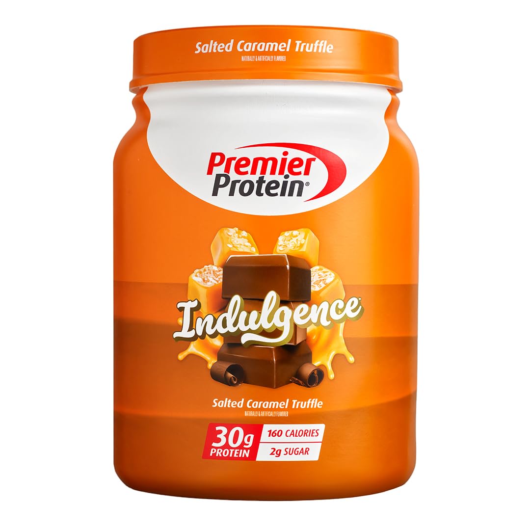 Premier Protein envase frontal mostrando sabor caramelo salado y beneficios