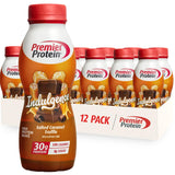 Premier Protein envase frontal mostrando sabor caramelo salado trufa y beneficios