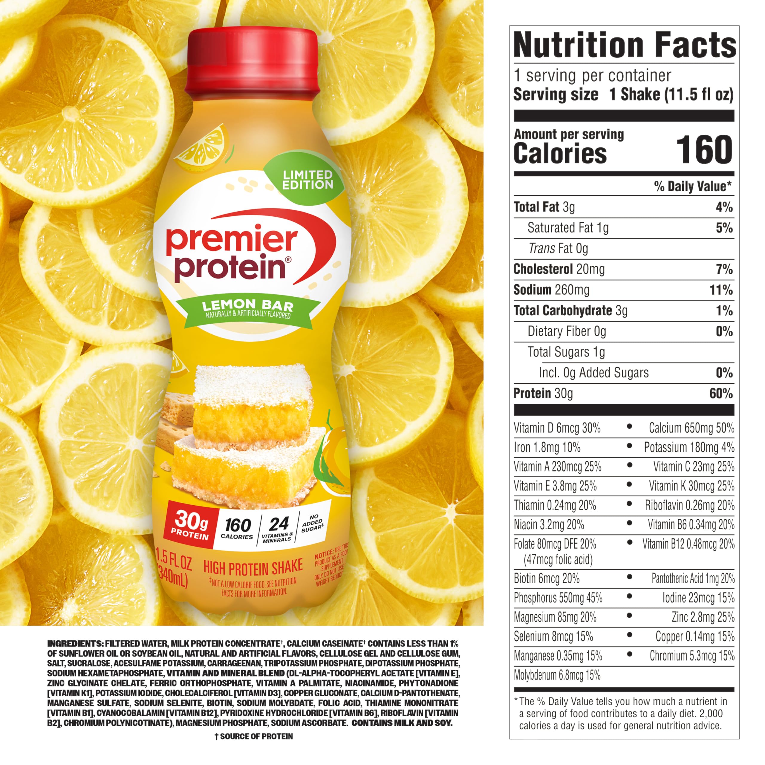 Premier Protein etiqueta nutricional Lemon Bar, muestra 30 g proteína y vitaminas