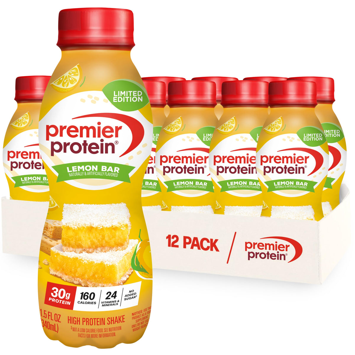 Premier Protein botella frontal Lemon Bar, presentación clara y lista para beber