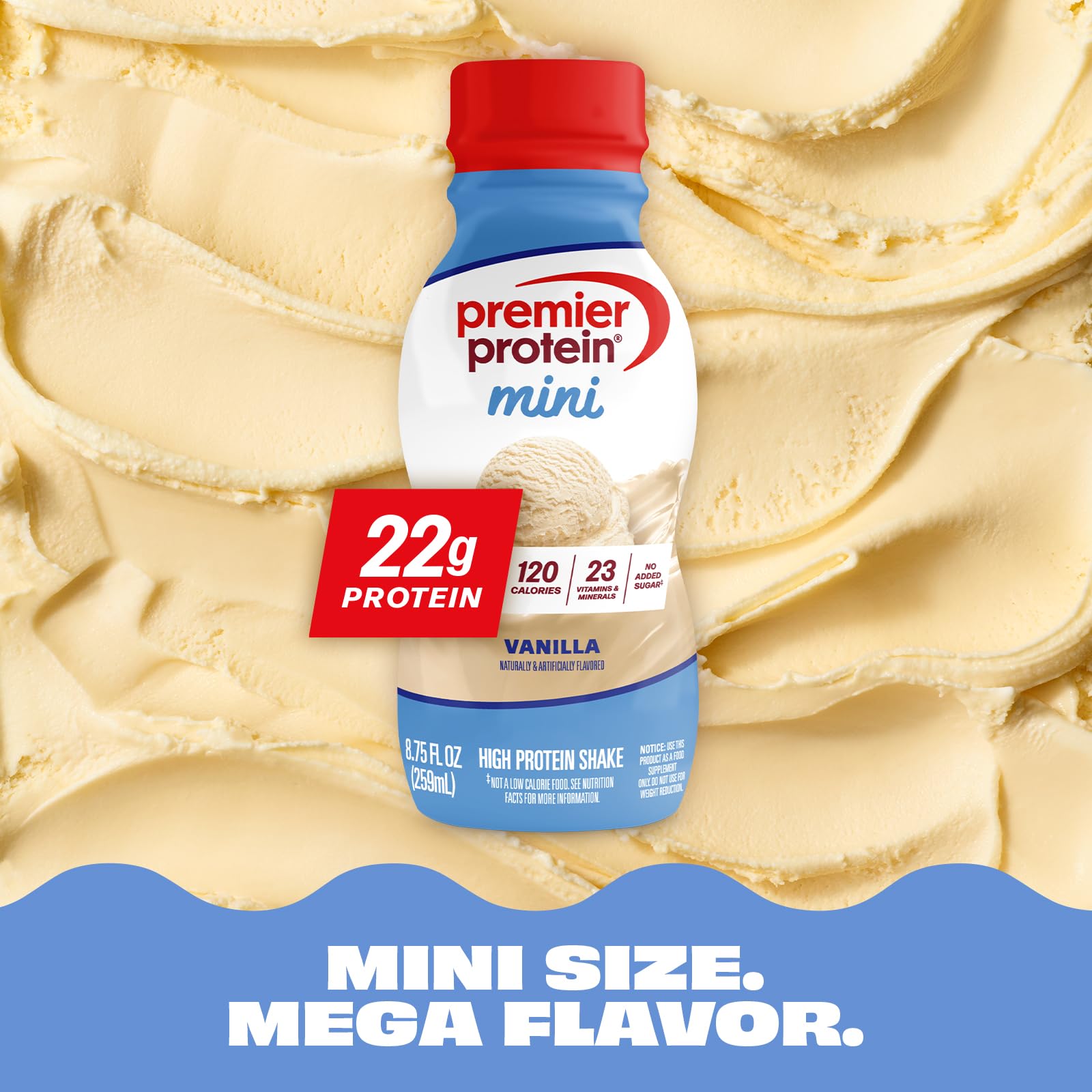 Premier Protein comparación de tamaño junto a objetos cotidianos para escala