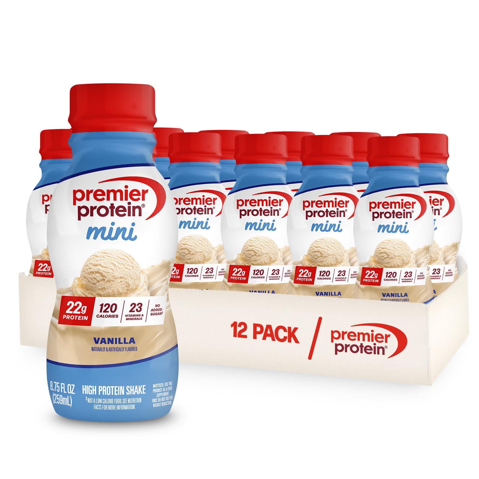Premier Protein botella Vainilla frontal mostrando diseño y conveniencia
