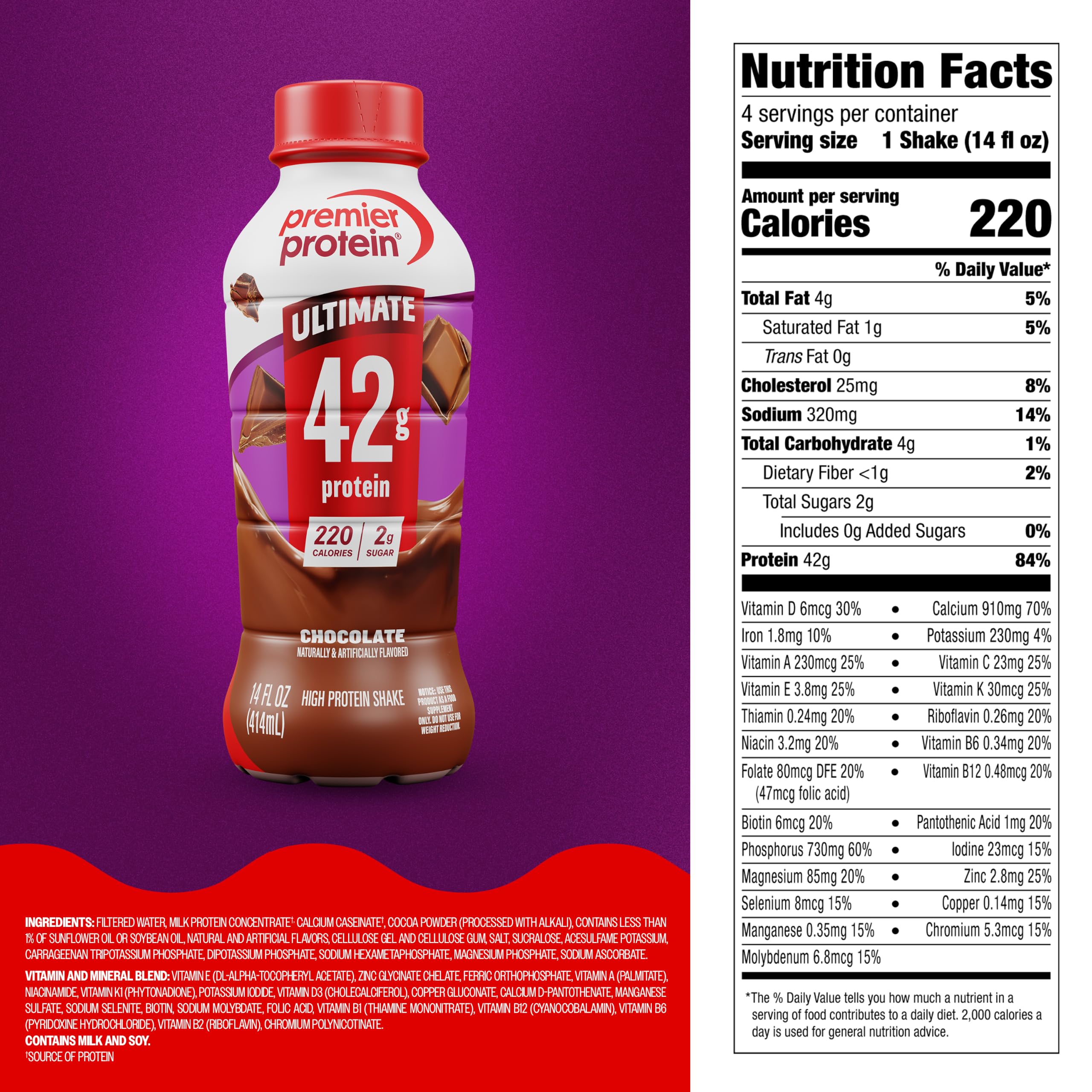 Premier Protein batido chocolate vertido en vaso como base para smoothie proteico