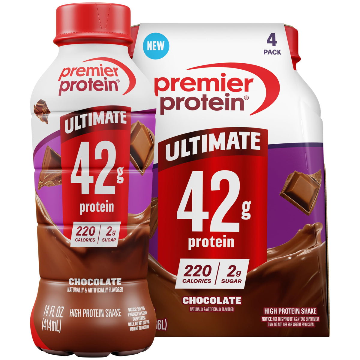 Premier Protein pack de 4 batidos chocolate en primer plano, conveniencia para llevar
