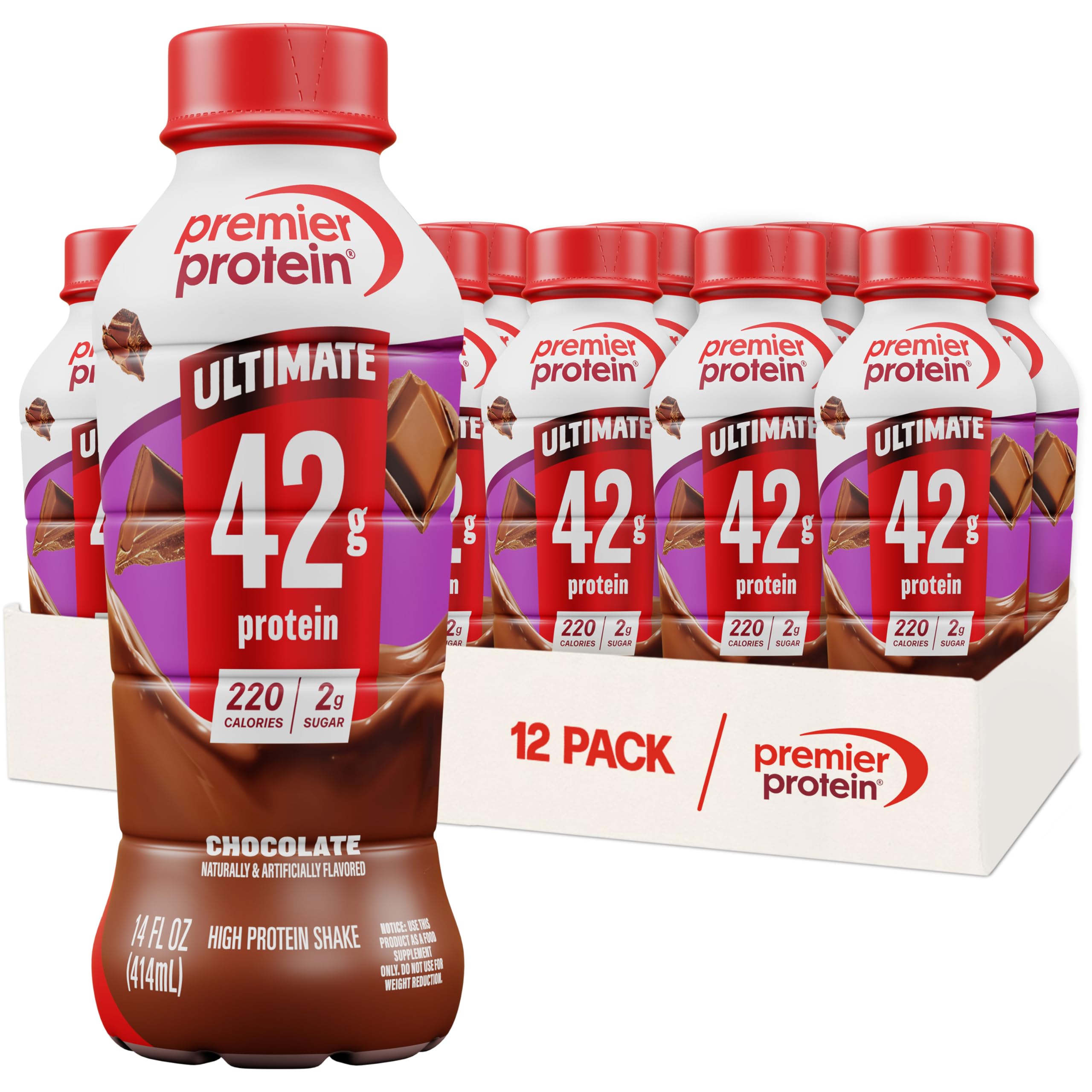 Premier Protein bote frontal con diseño y beneficio de alta proteína