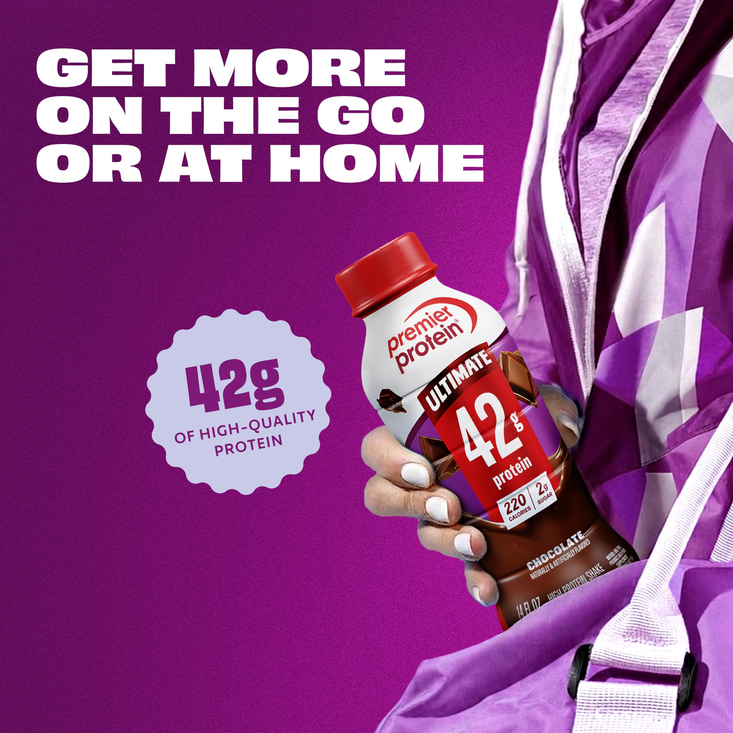 Premier Protein batido junto a una regla para mostrar tamaño y porción práctica