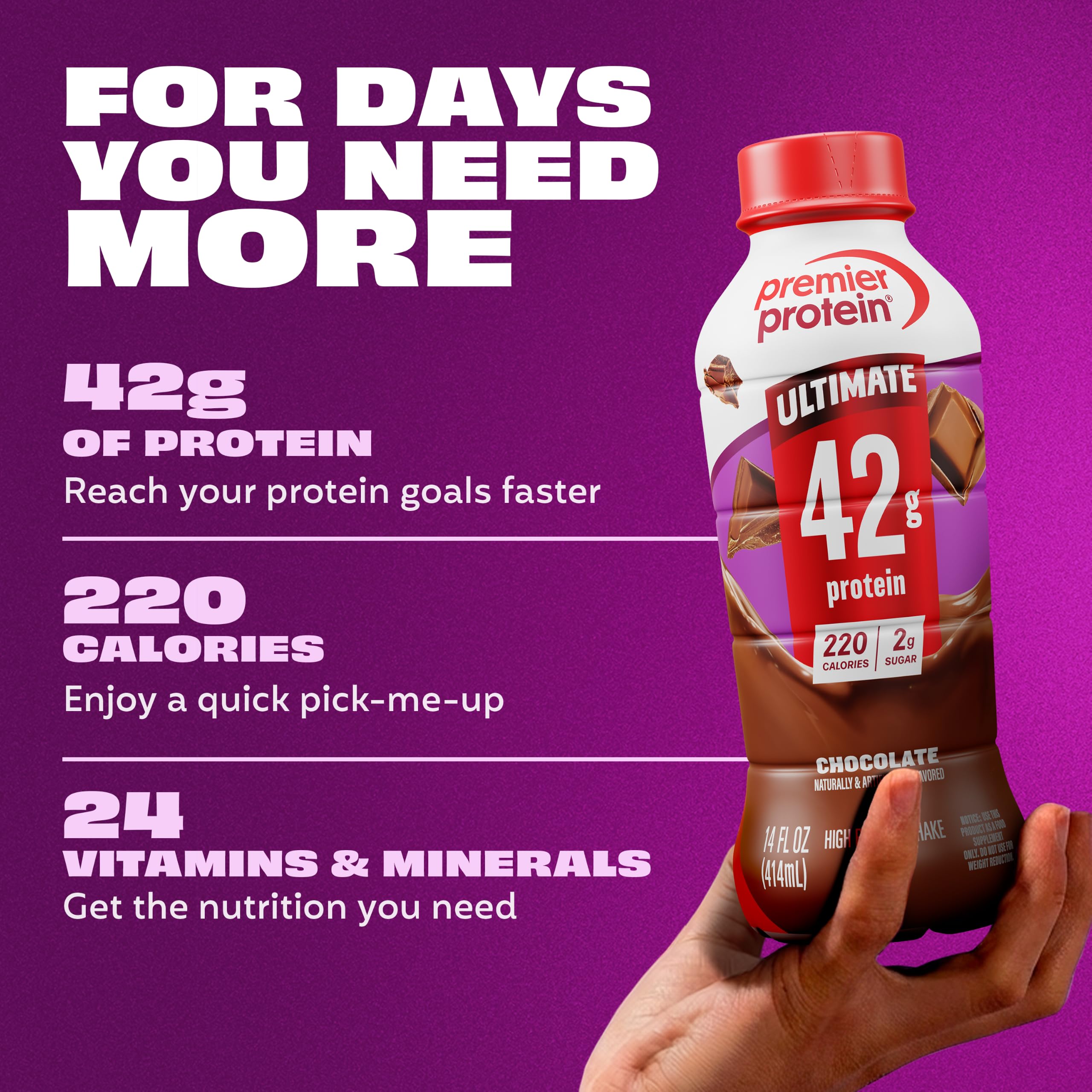 Premier Protein botella ULTIMATE chocolate en mano antes de entrenar, recuperación rápida