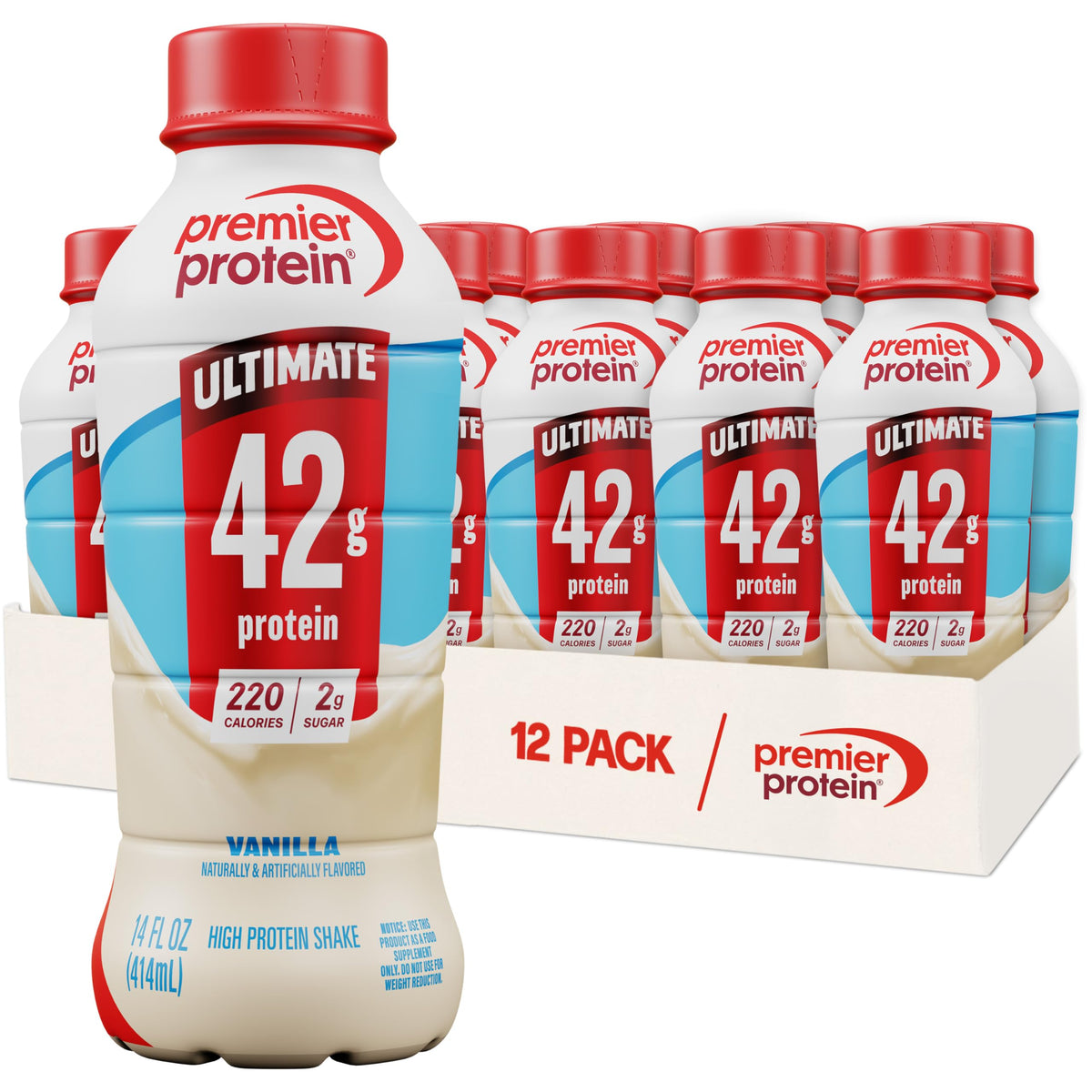 Premier Protein envase frontal mostrando 42g proteína, práctico para llevar