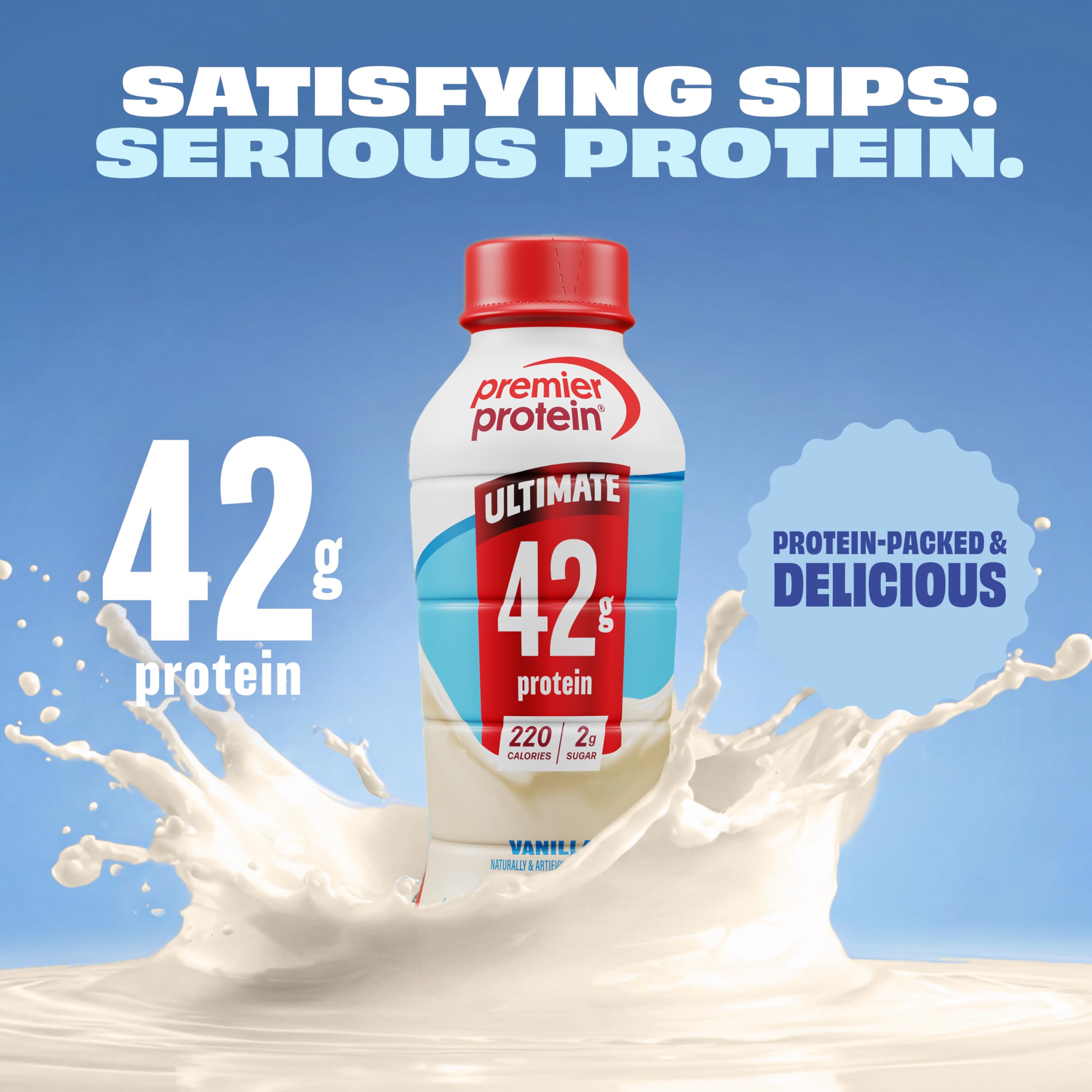 Premier Protein textura cremosa del batido en vaso, apariencia apetecible