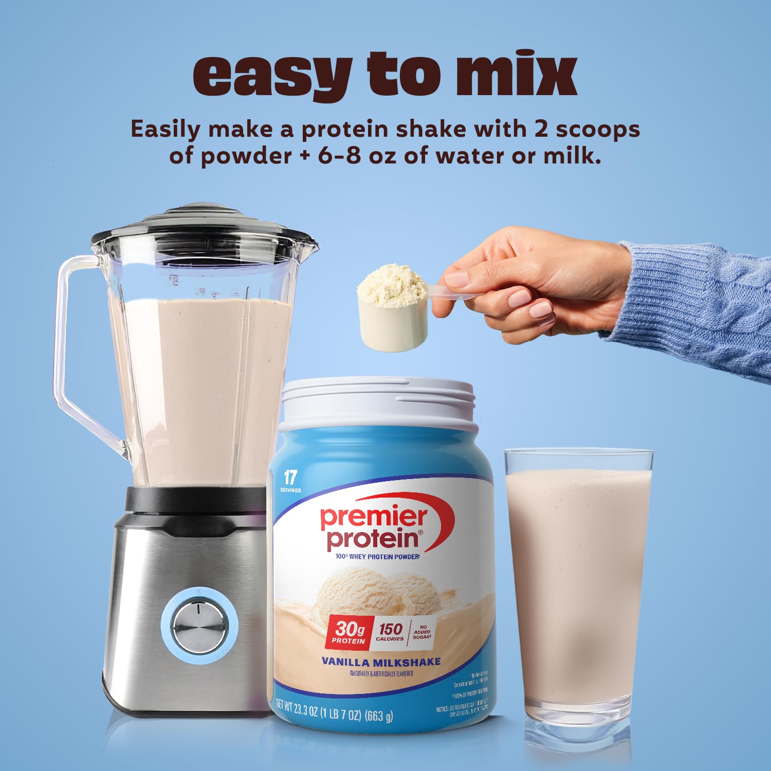 Premier Protein batido vainilla en vaso, sabor cremoso y práctico
