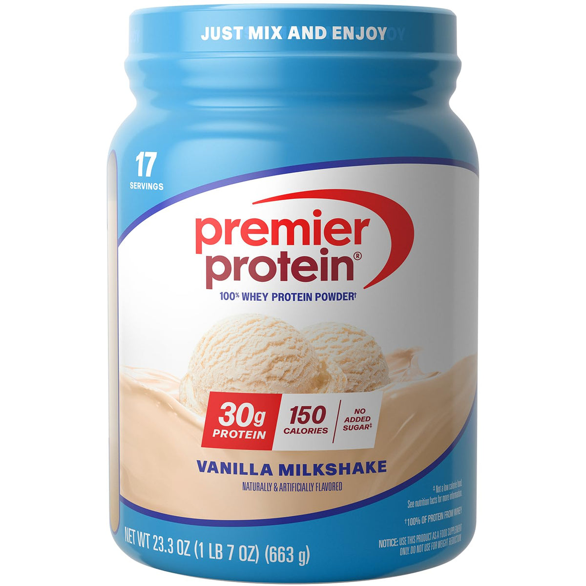 Premier Protein bote vainilla frente mostrando diseño y beneficios rápidos