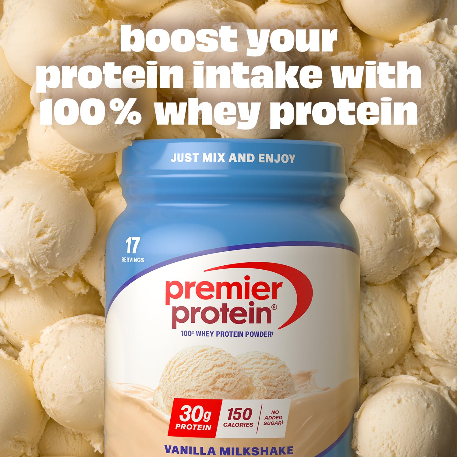 Premier Protein cuchara con porción de 30g lista para mezclar fácilmente
