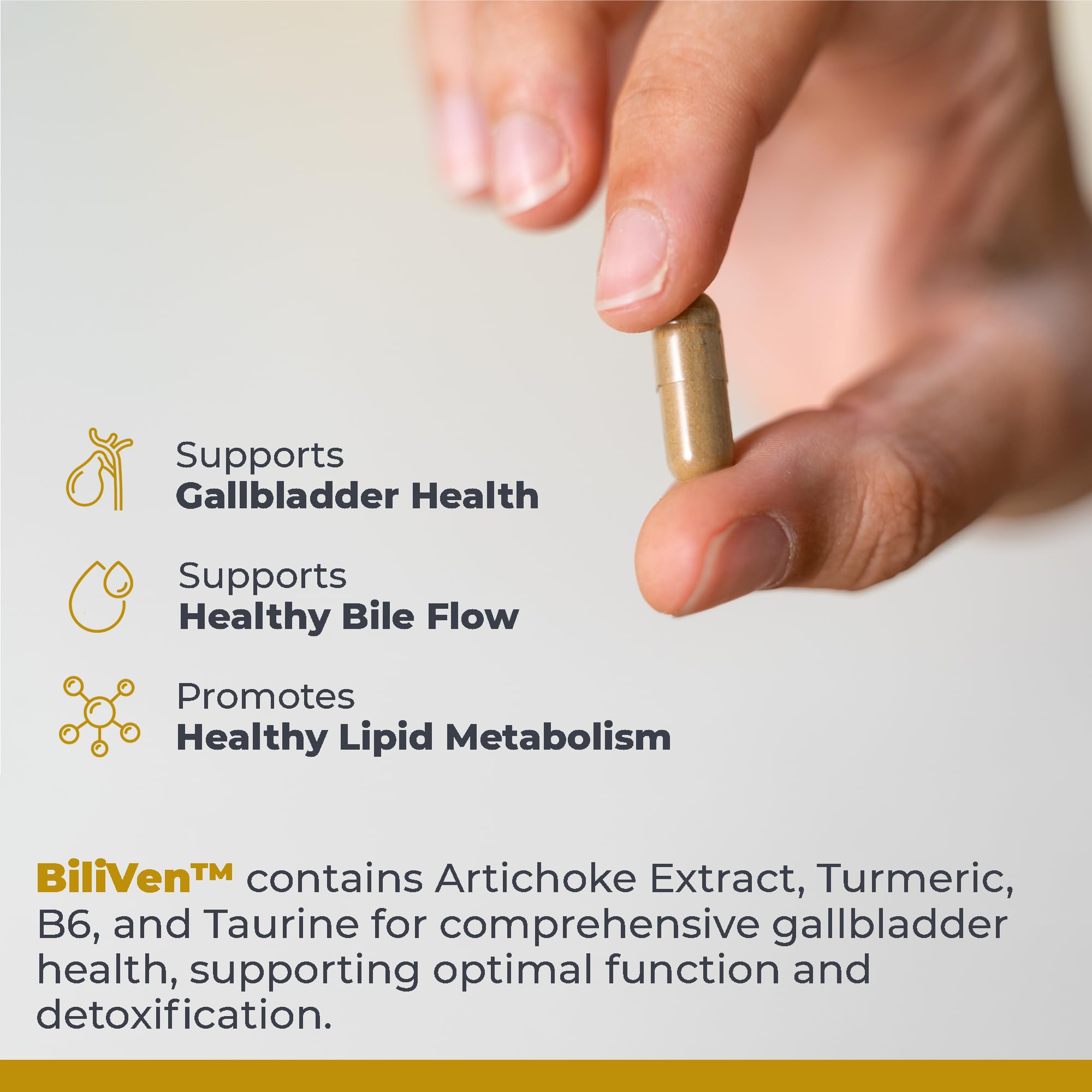 Premier Research Labs BiliVen cápsulas en mano para comparar tamaño práctico