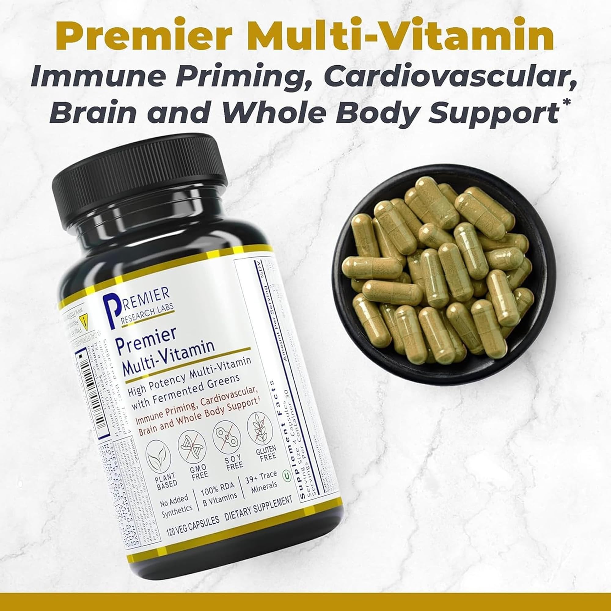 Premier Research Labs primer plano de cápsula vegetal destacando pureza