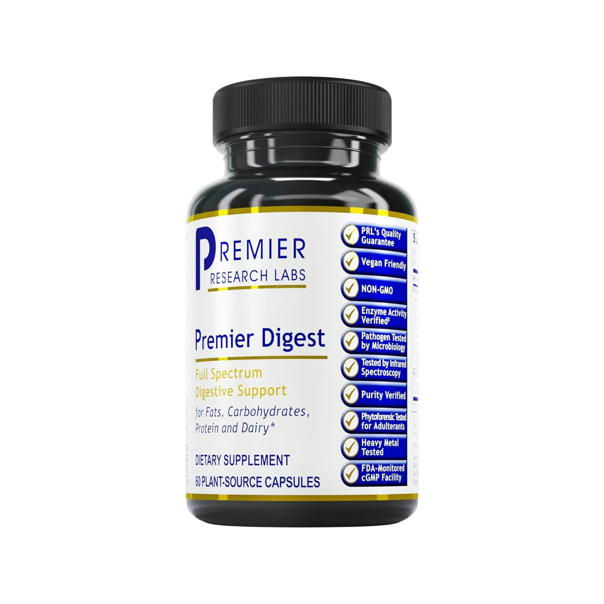 Premier Research Labs botella frontal mostrando diseño y beneficios para digestión