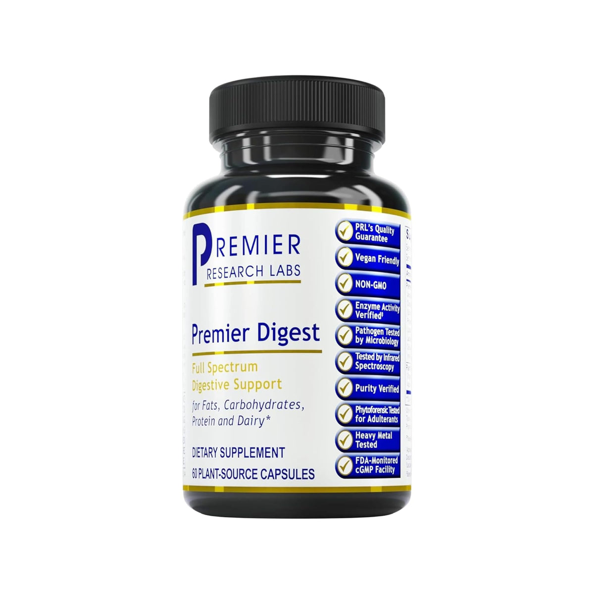 Premier Research Labs botella frontal mostrando diseño y beneficios para digestión