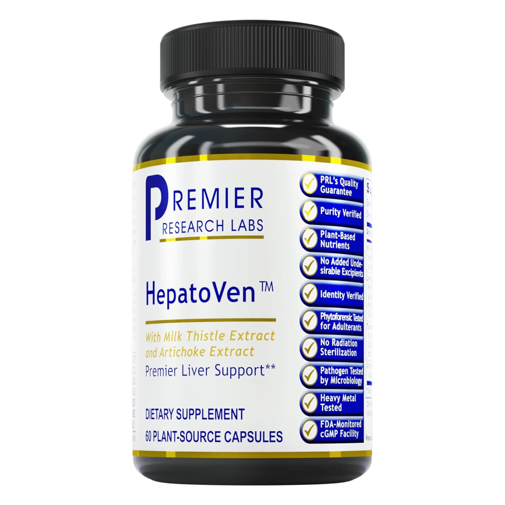Premier Research Labs HepatoVen frente del envase mostrando dos beneficios