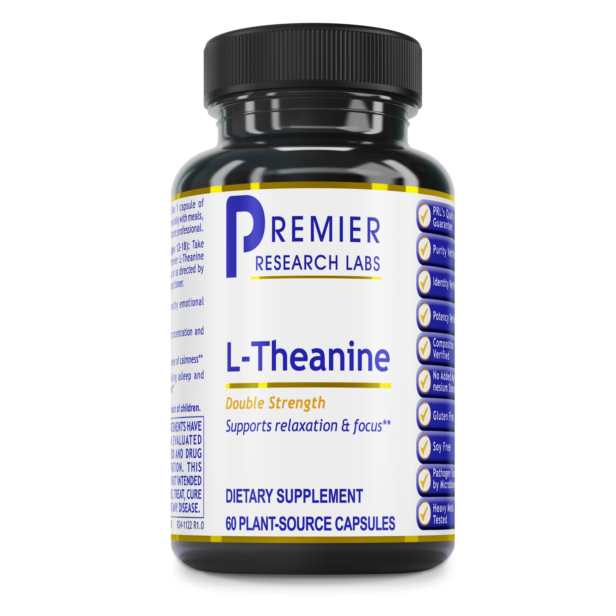 Premier Research Labs frasco frontal mostrando etiqueta y beneficio de pureza