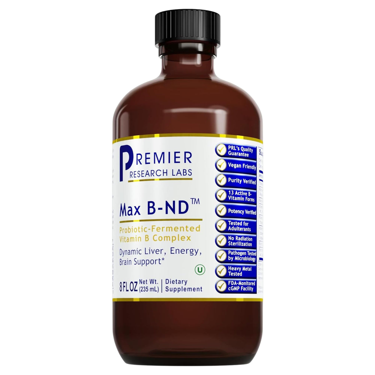 Premier Research Labs Max B-ND frasco frontal mostrando presentación líquida y ventaja sublingual
