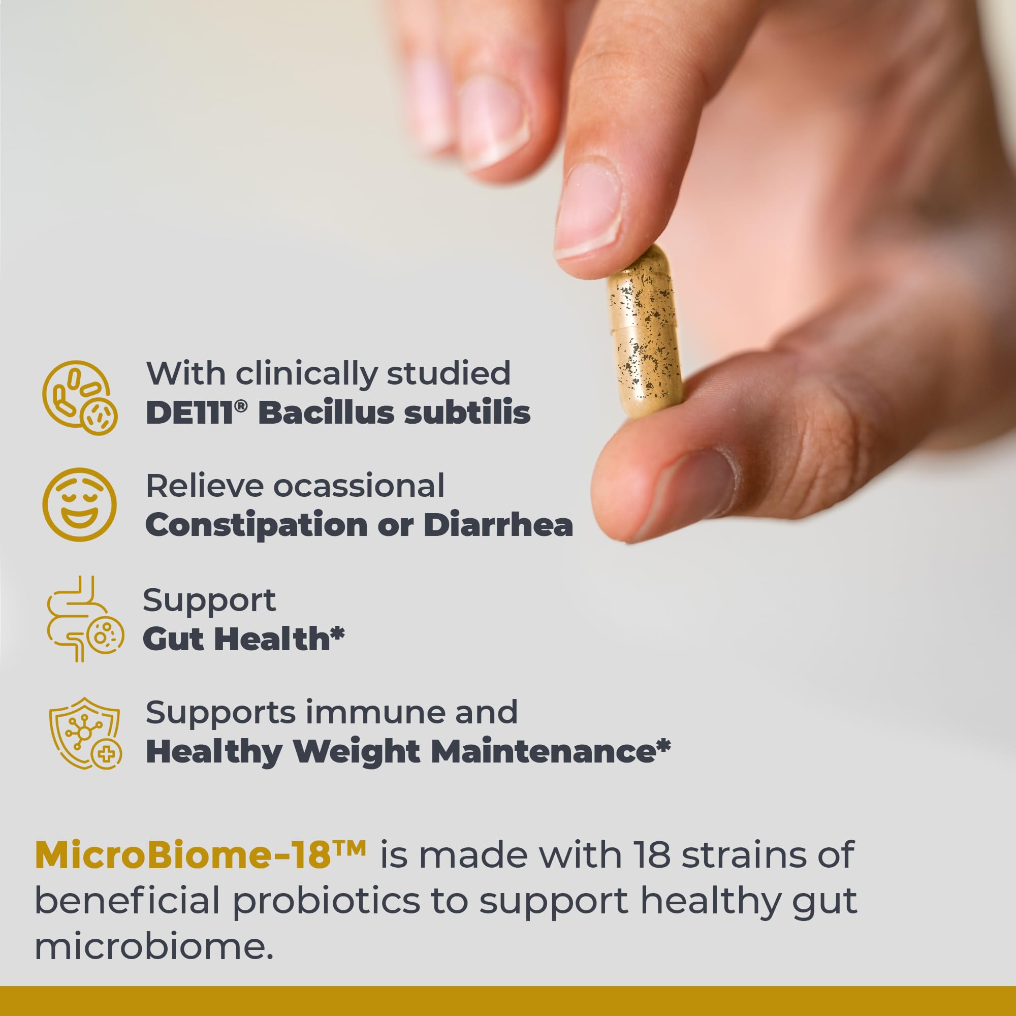 Premier Research Labs cápsula MicroBiome-18 en mano, tamaño práctico y fácil de tragar