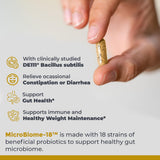 Premier Research Labs cápsula MicroBiome-18 en mano, tamaño práctico y fácil de tragar