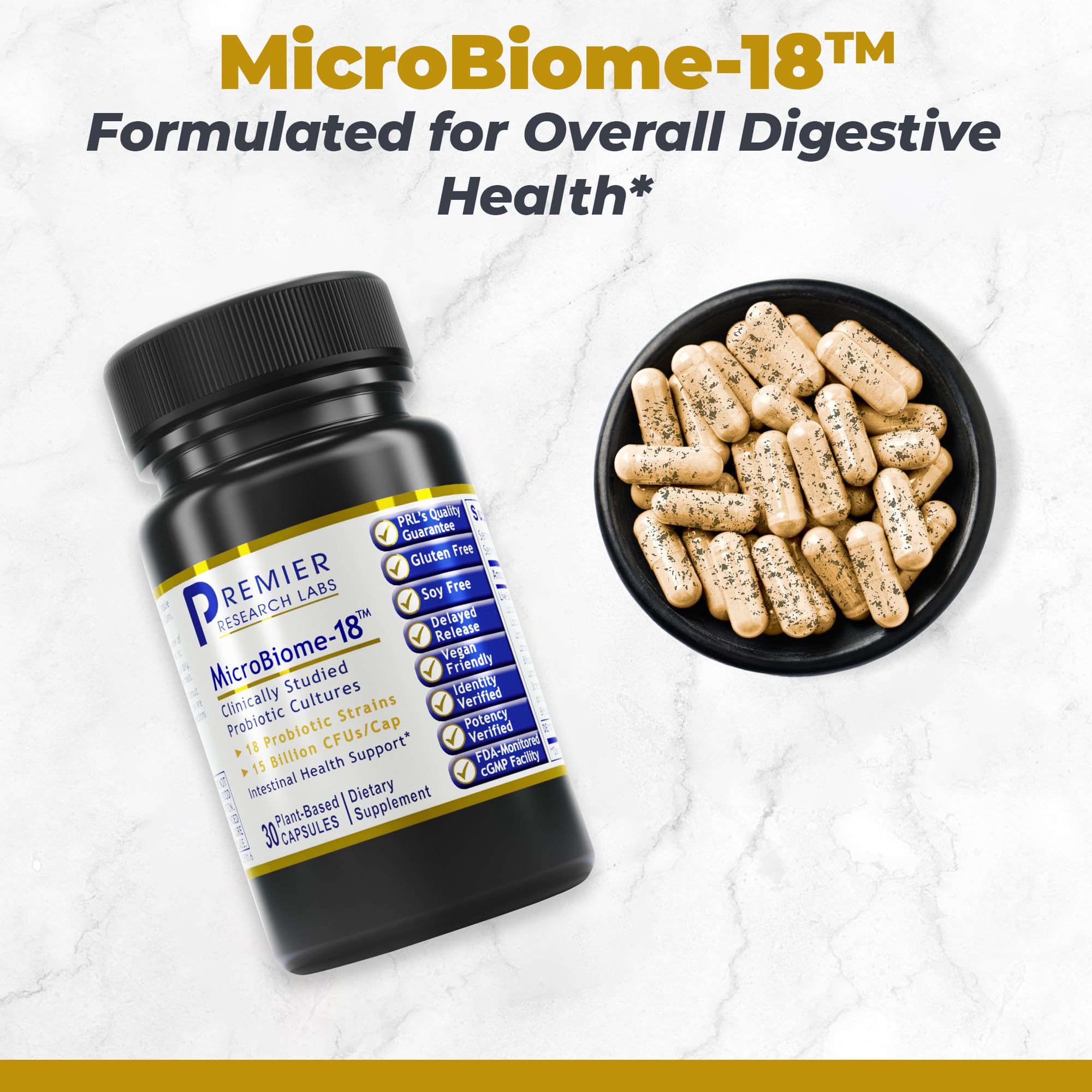 Premier Research Labs etiqueta MicroBiome-18 detalle ingredientes y cepas, transparencia informativa