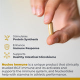 Premier Research Labs Nucleo Immune cápsula en mano para ver dosis y tamaño