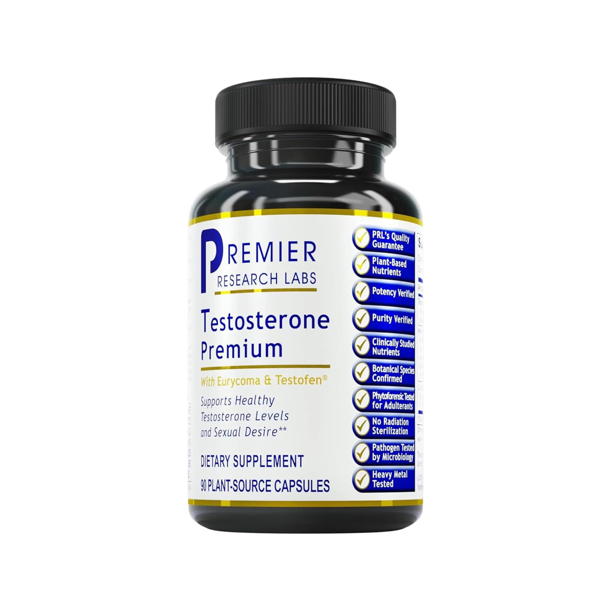 Premier Research Labs botella frontal del suplemento testosterona mostrando el envase y marca