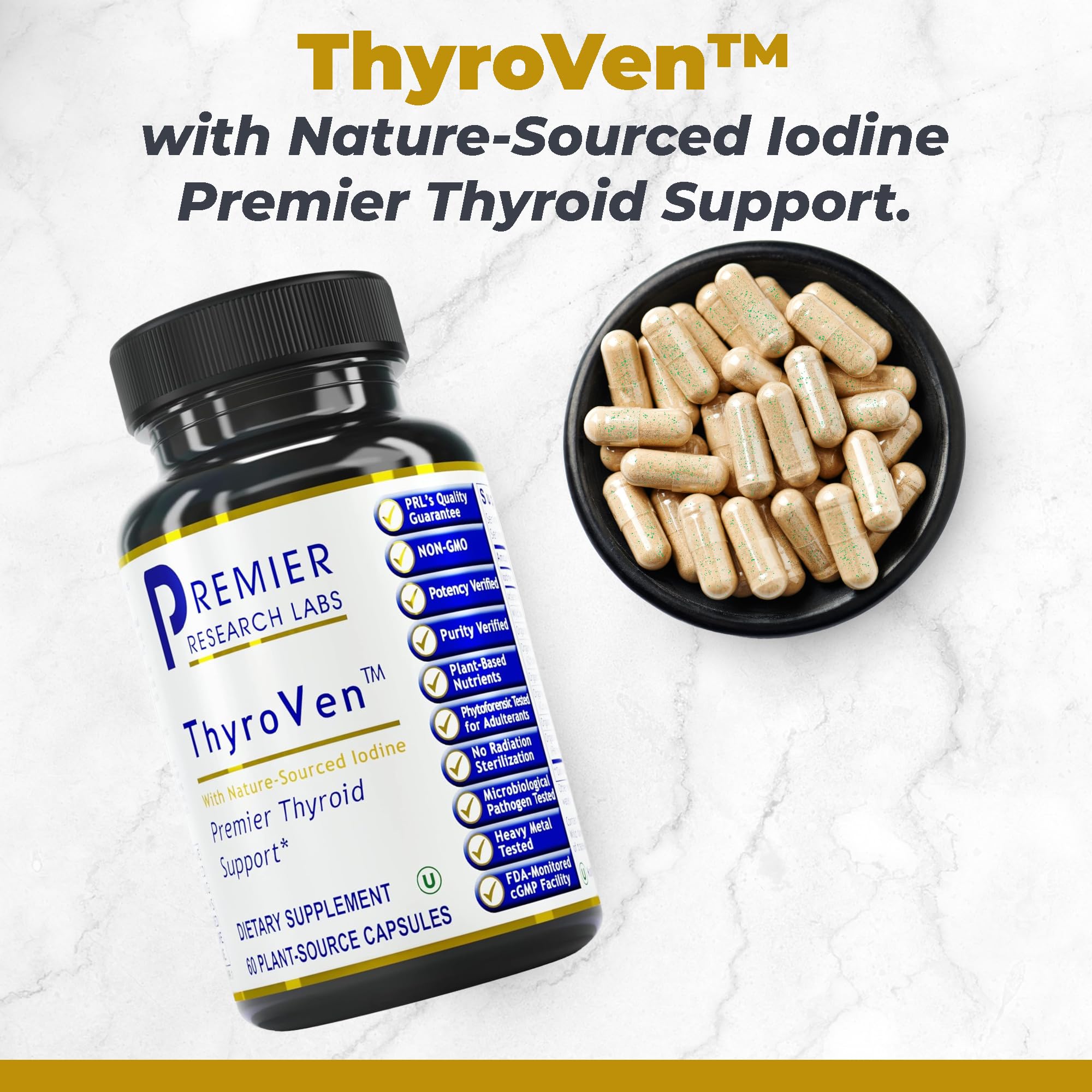 Premier Research Labs ThyroVen cápsula abierta detalle de textura vegetal beneficiosa