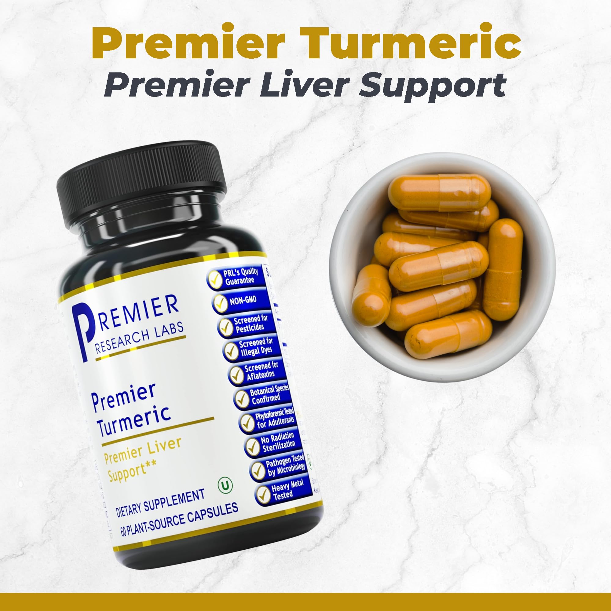 Premier Research Labs primer plano del polvo de cúrcuma mostrando pureza