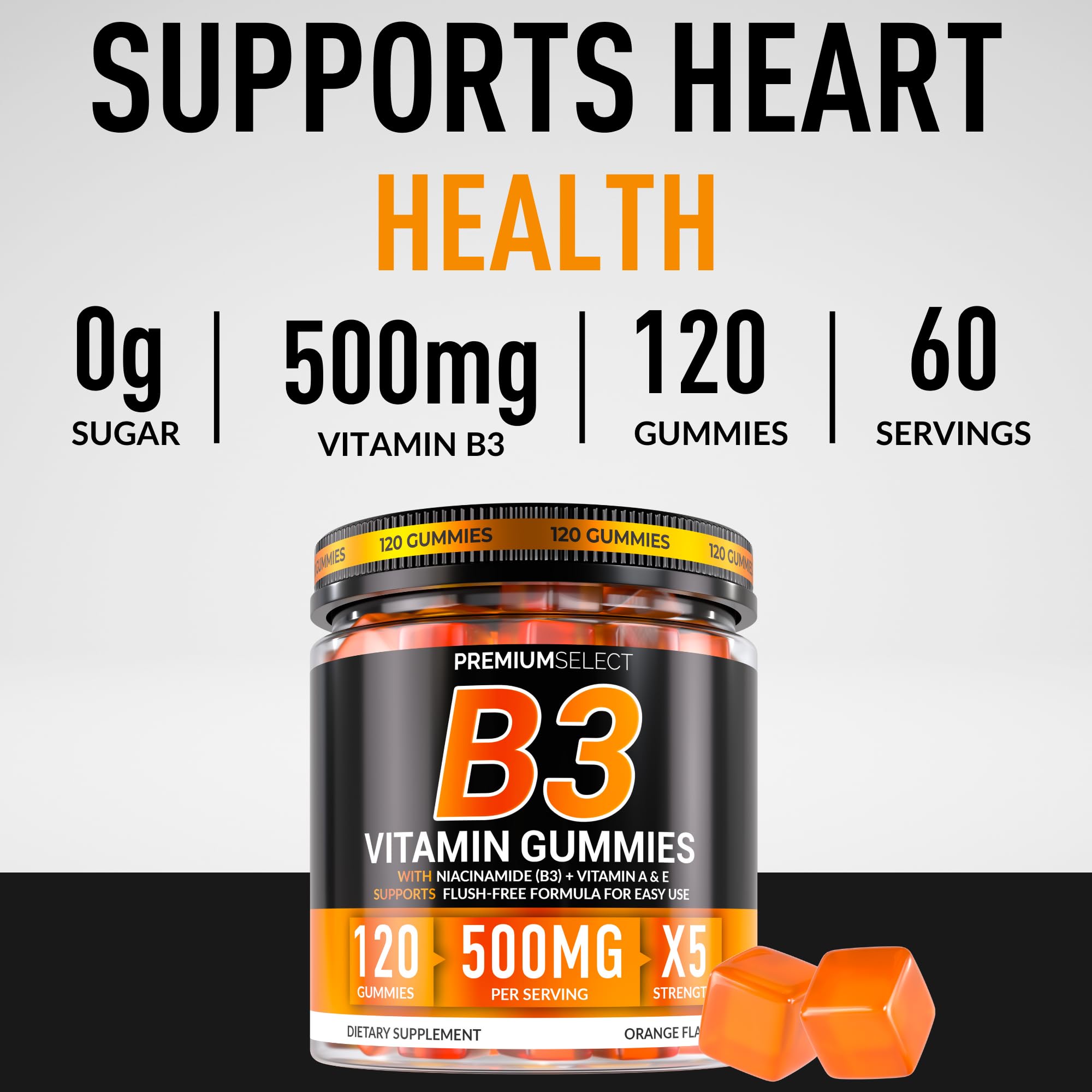 Premium Select Nutrition primer plano de gomita naranja con textura apetecible