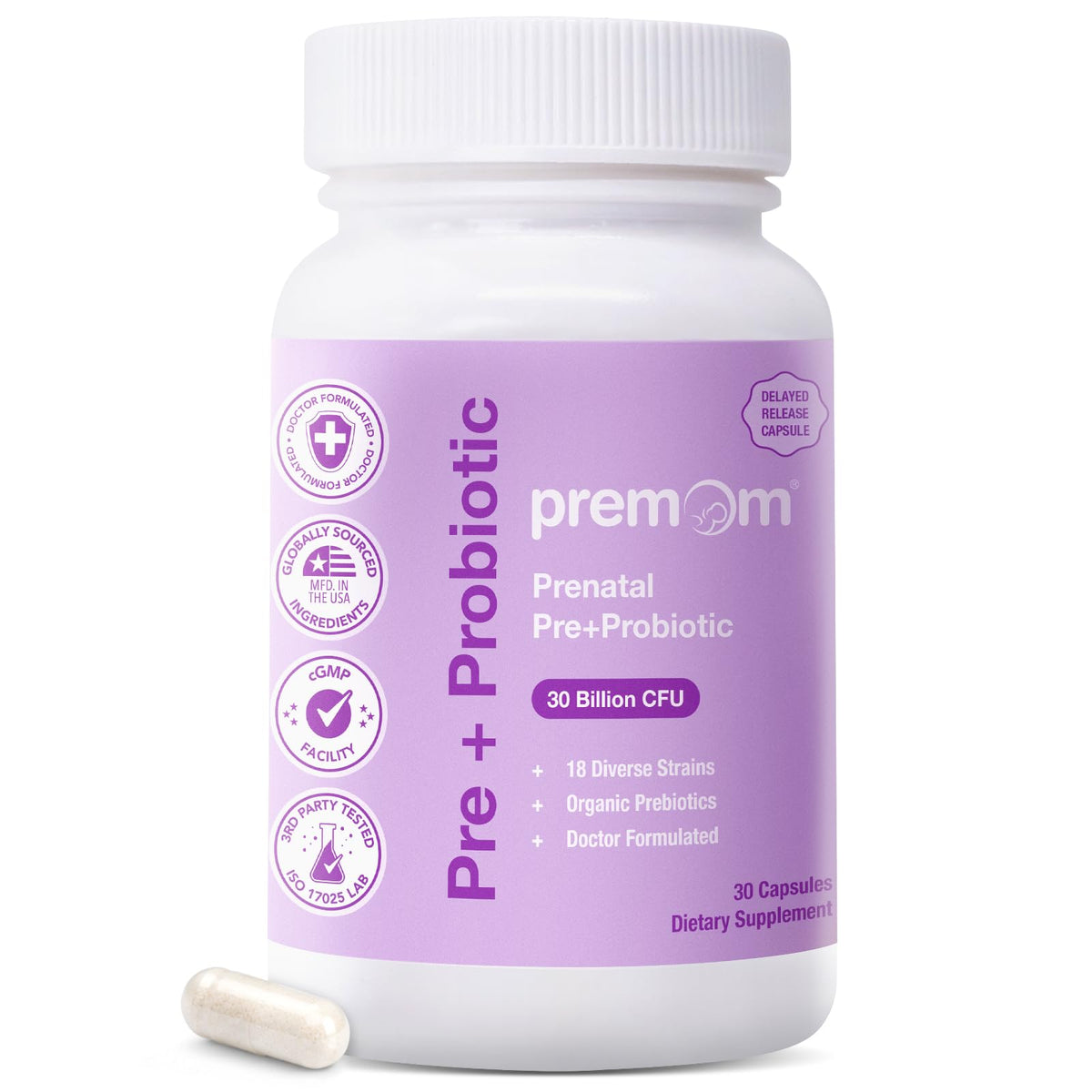 Premom frente del empaque mostrando dosis y beneficios prenatales