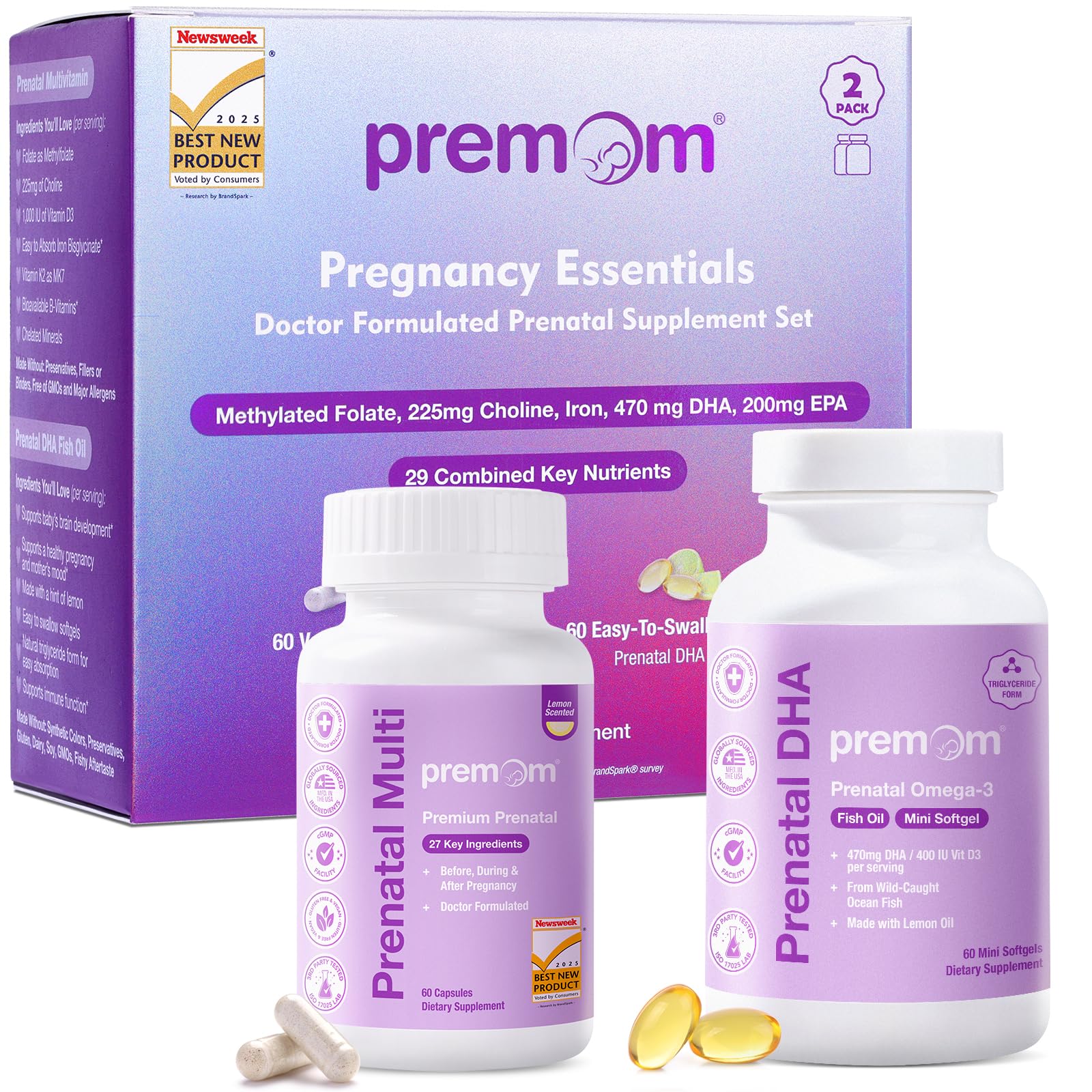 Premom pack frontal mostrando multivitamínico y DHA para soporte prenatal