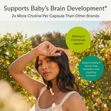 Prenatal Choline+ detalle de cápsula y líquido para absorción eficaz