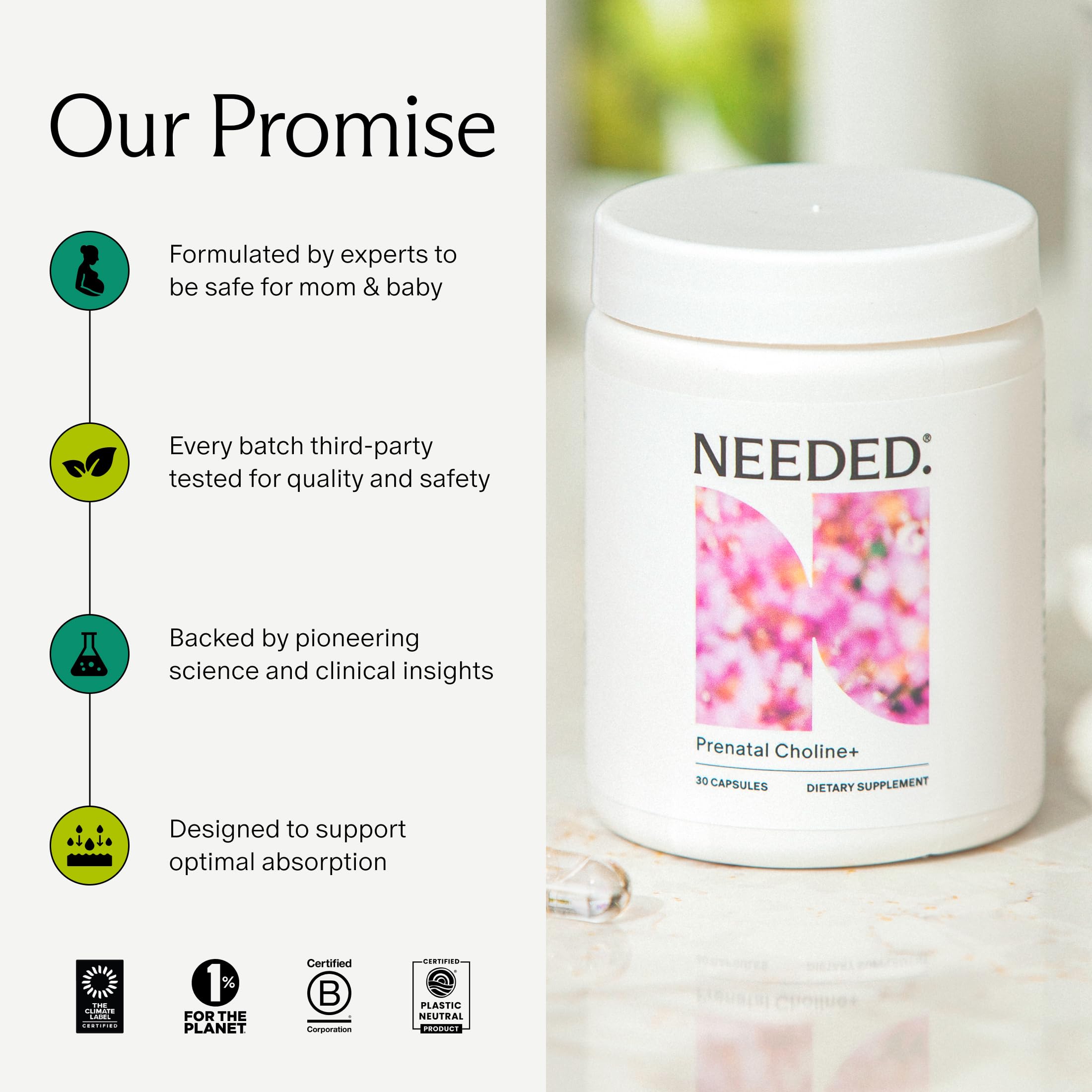 Prenatal Choline+ etiqueta con sello de pruebas de terceros y calidad