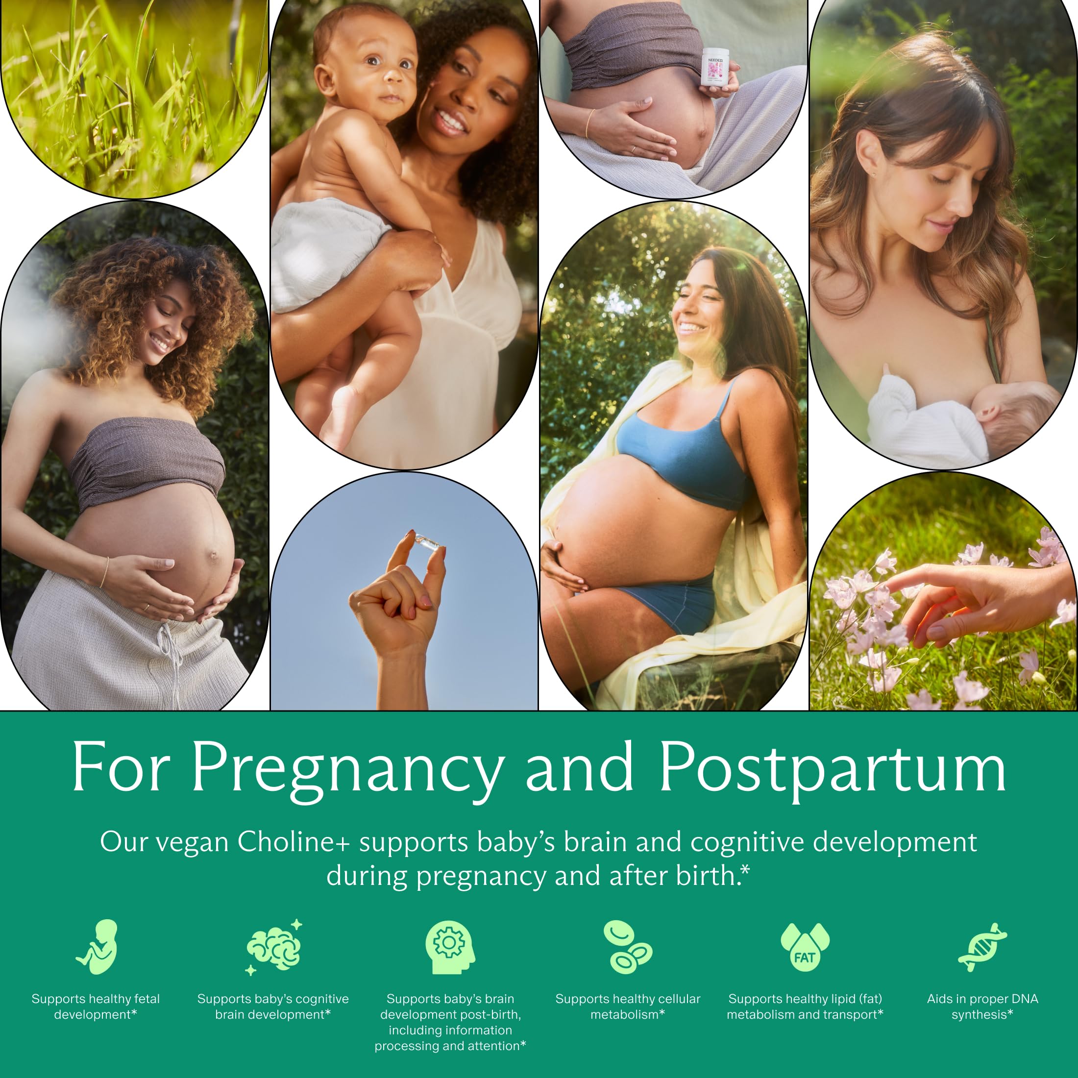Prenatal Choline+ mujer embarazada tomando cápsula, apoyo nutricional