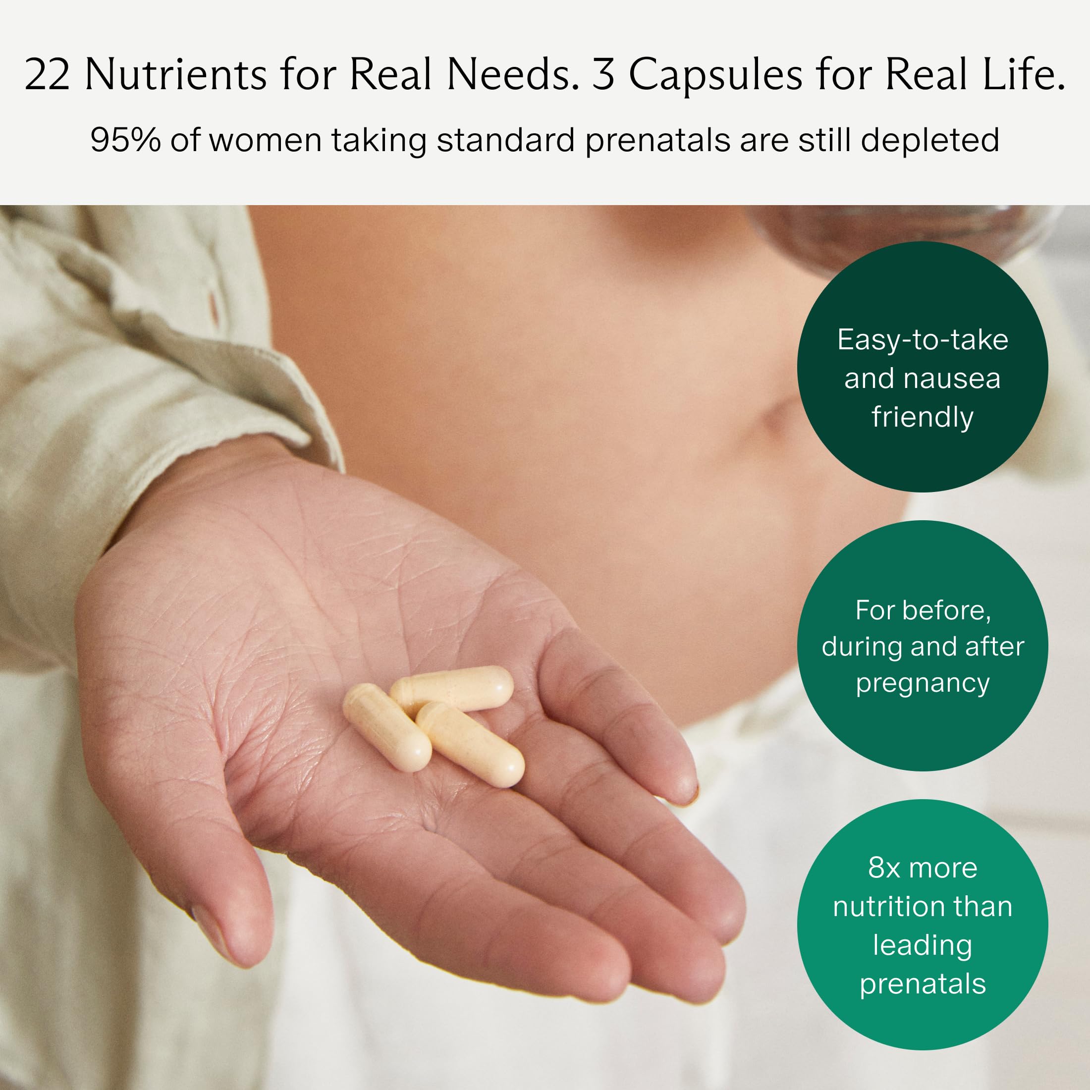 Prenatal Multi Essentials cápsulas en mano para comparar tamaño