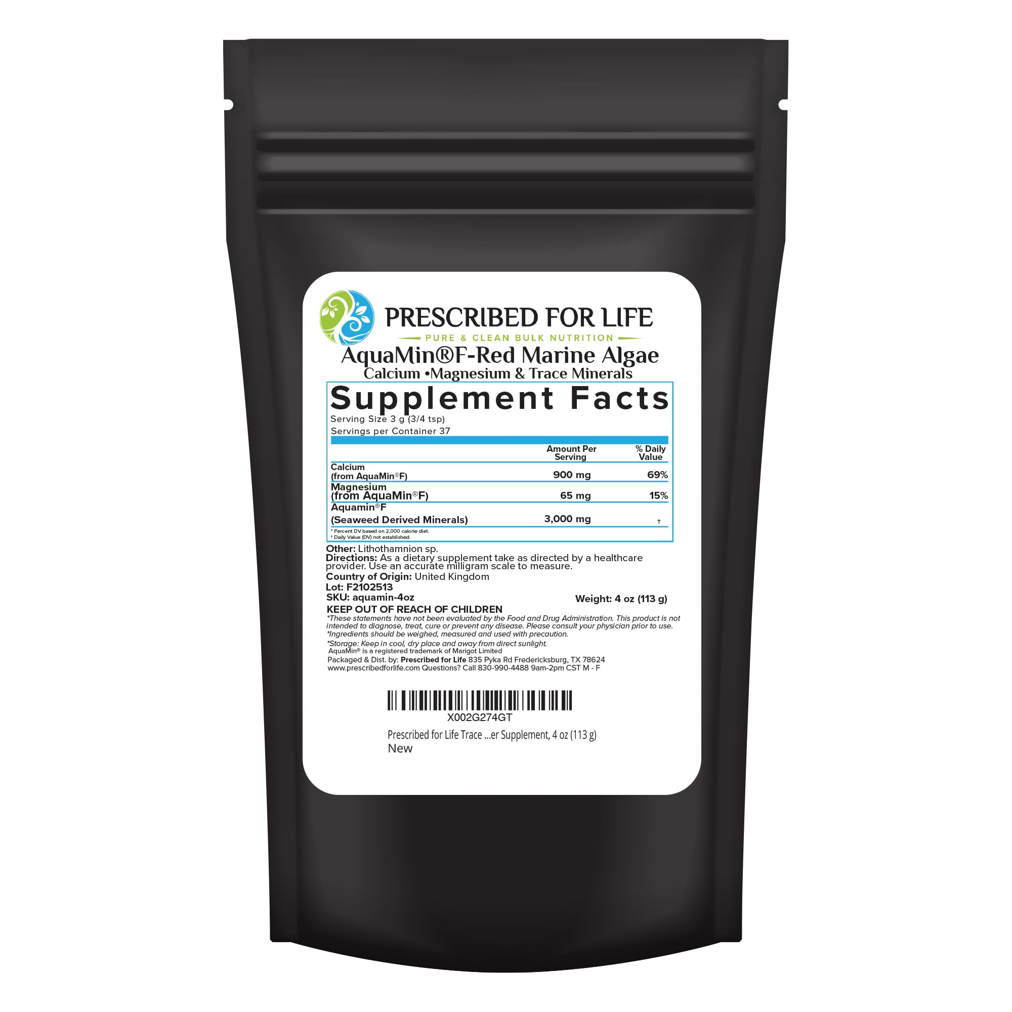 Prescribed For Life Aquamin frente del envase mostrando el producto y pureza