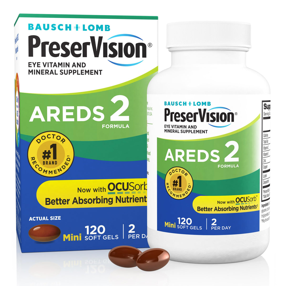 PreserVision frasco frontal mostrando 120 softgels y diseño de marca