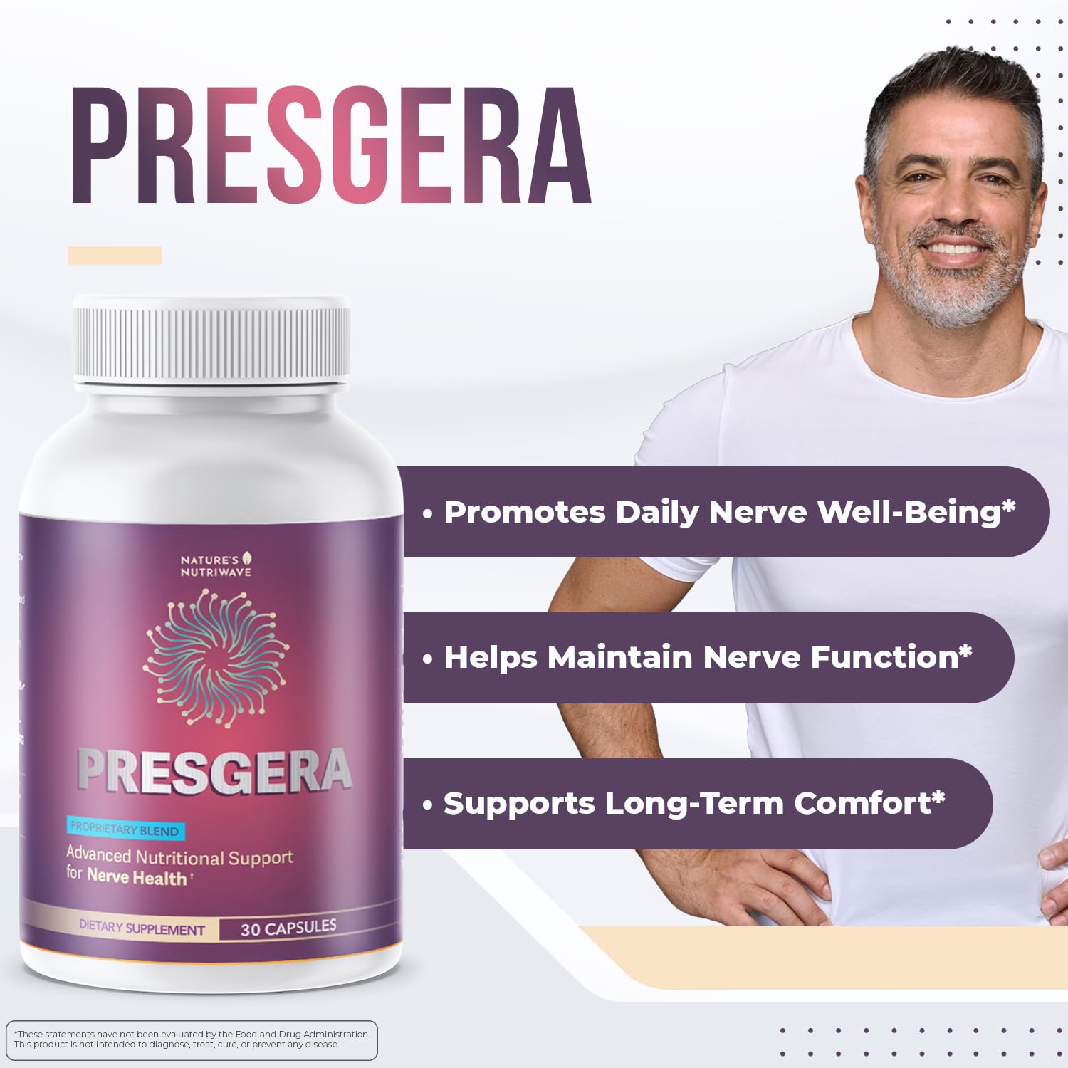 Nature’s NutriWave Presgera cápsula en primer plano para apreciar textura y tamaño