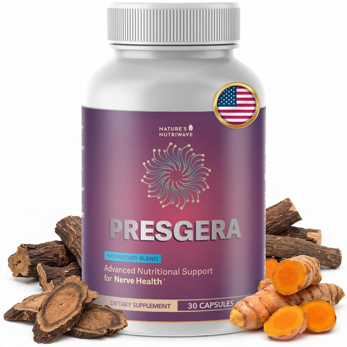 Nature’s NutriWave Presgera empaque frontal mostrando diseño y claridad de ingredientes