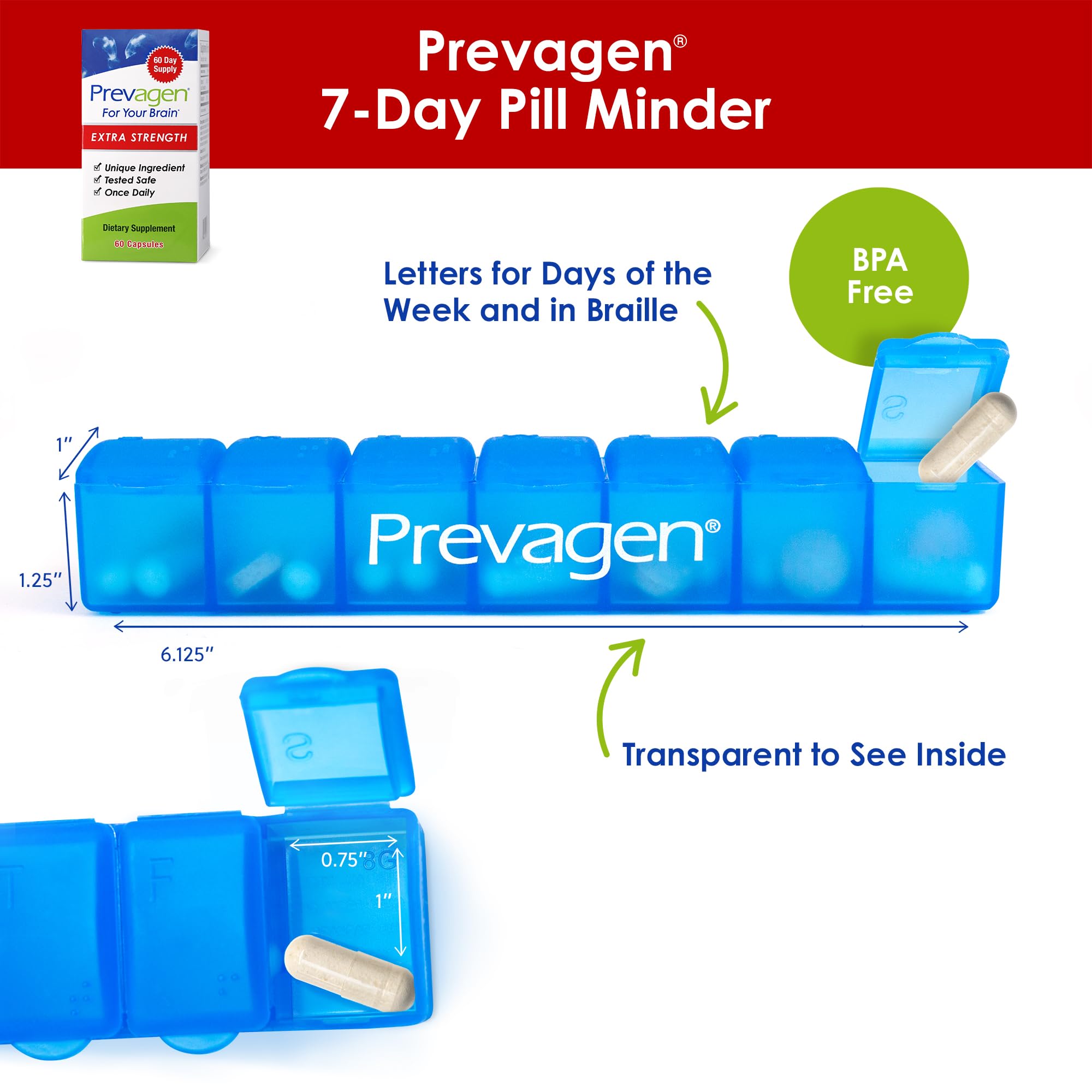 Prevagen cápsula en primer plano, textura fácil de tragar y tamaño práctico